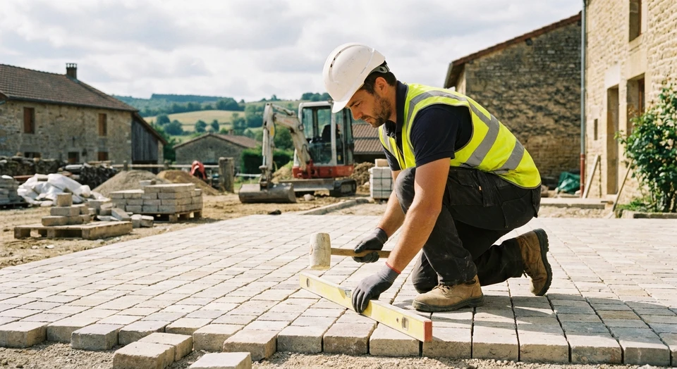 Gros plan d'un chantier de terrassement extérieur montrant un ouvrier en équipement de sécurité (gilet, casque) travaillant méthodiquement avec des outils ou de la machinerie légère, préparant ou aménageant un terrain. L'image doit capturer le sérieux et la précision du travail, avec une attention particulière au détail et à la qualité de l'exécution. L'environnement doit être un chantier réel, en extérieur, reflétant les travaux d'aménagement de cours ou de terrassement général.