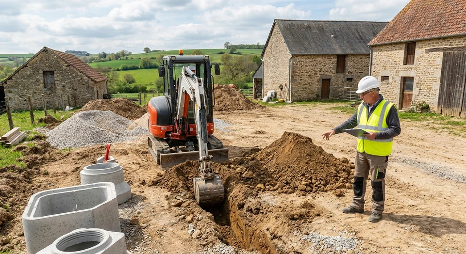 Photographie d'un chantier de terrassement en cours d'exécution montrant une mini-pelle ou pelleteuse en action dans une cour ou terrain, avec un ouvrier superviseur en tenue professionnelle à proximité, illustrant les travaux d'aménagement et terrassement. L'image doit capturer l'équipement, le savoir-faire professionnel et l'environnement réel d'un chantier de terrassement artisanal.