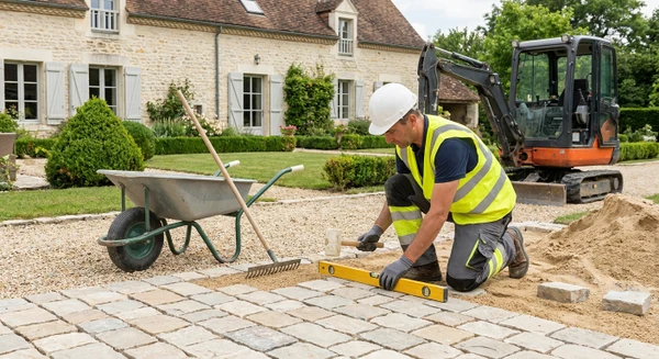 Chantier d'aménagement extérieur montrant un artisan en équipement de sécurité posant des pavés ou dalles de pierre sur une cour résidentielle, avec outils de terrassement visibles et travaux en cours dans un environnement de propriété particulière.